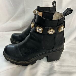 Steve Madden Chunky Heel Boots with Crystal Embellished Strap - no zipper